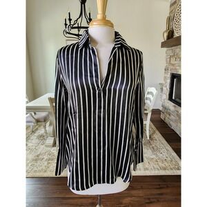 Catherine Gee Cat Daria Blouse Black White Striped Silk Satin Shirt XS New $265